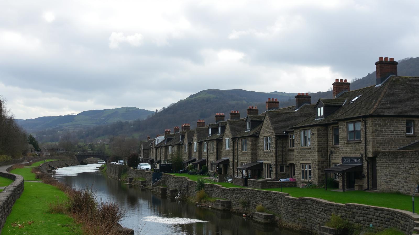 Stone terraces beside the canal in Littleborough with the Pennine moors behind