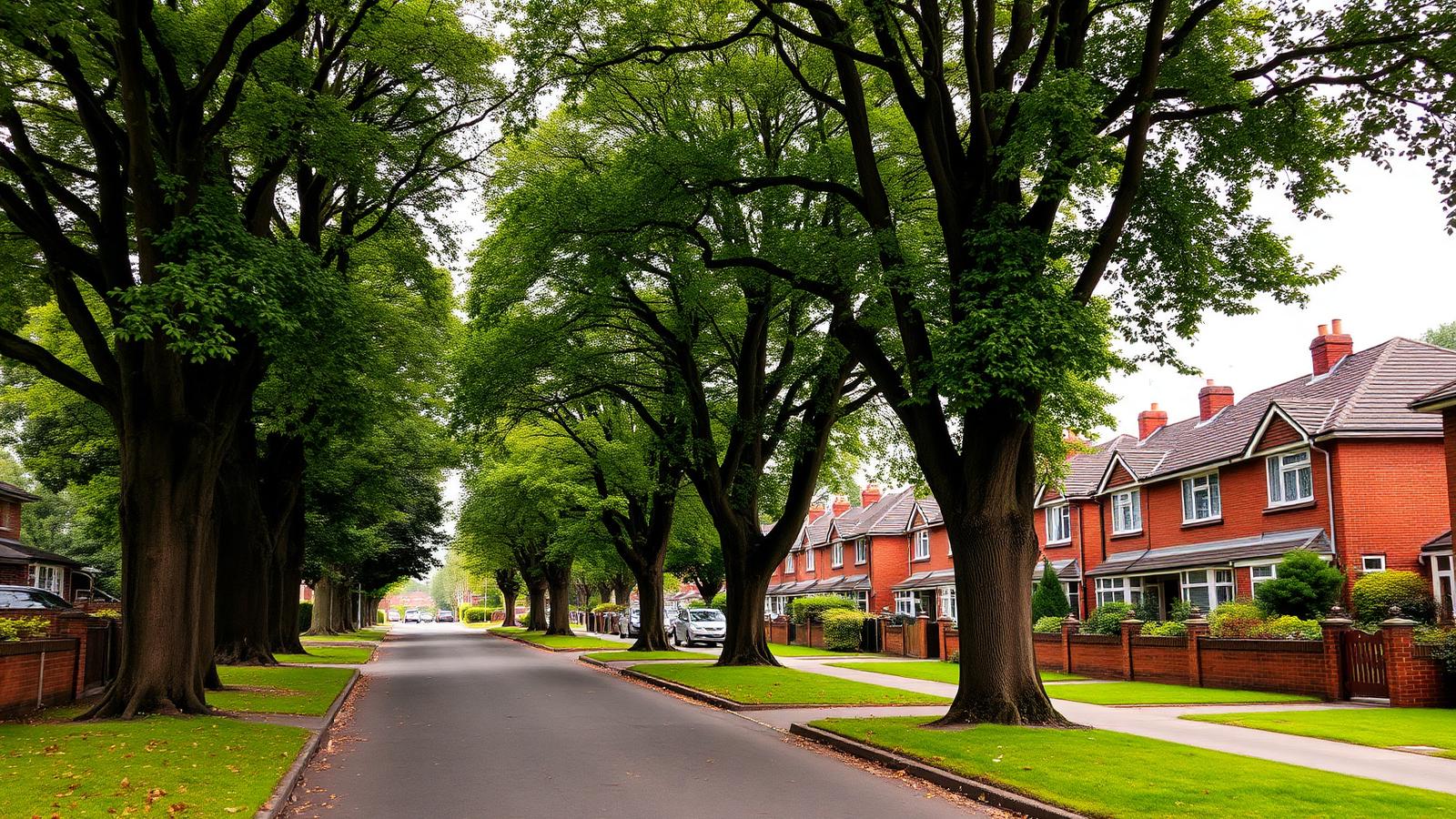 Leafy tree-lined suburban street with red-brick semi-detached homes in Prestwich